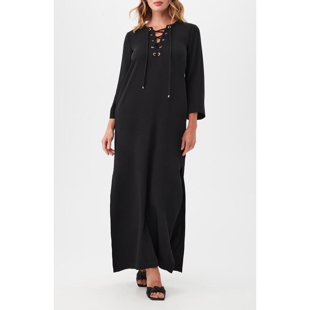 Trina Turk Catamaran 3/4 Sleeve Maxi Dress Black Gold Lace Up Size XL Resort